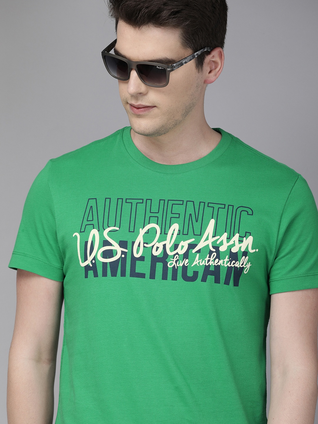 

U.S. Polo Assn. Denim Co. Men Green Printed Round Neck Pure Cotton T-shirt