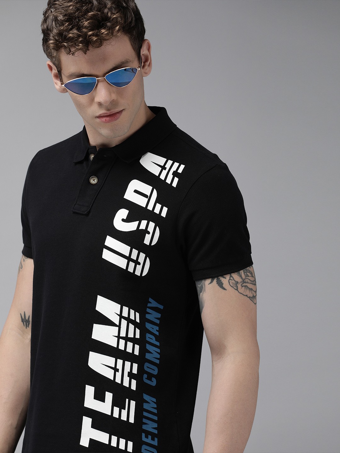 

U.S. Polo Assn. Denim Co. Men Black Printed Polo Collar Pure Cotton T-shirt