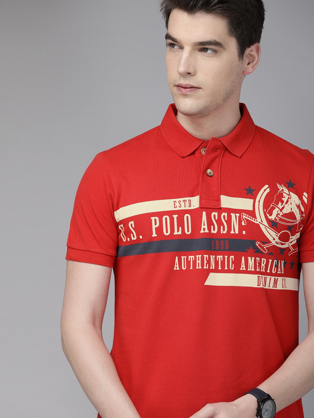 

U.S. Polo Assn. Denim Co. Men Red Printed Round Neck Pure Cotton T-shirt