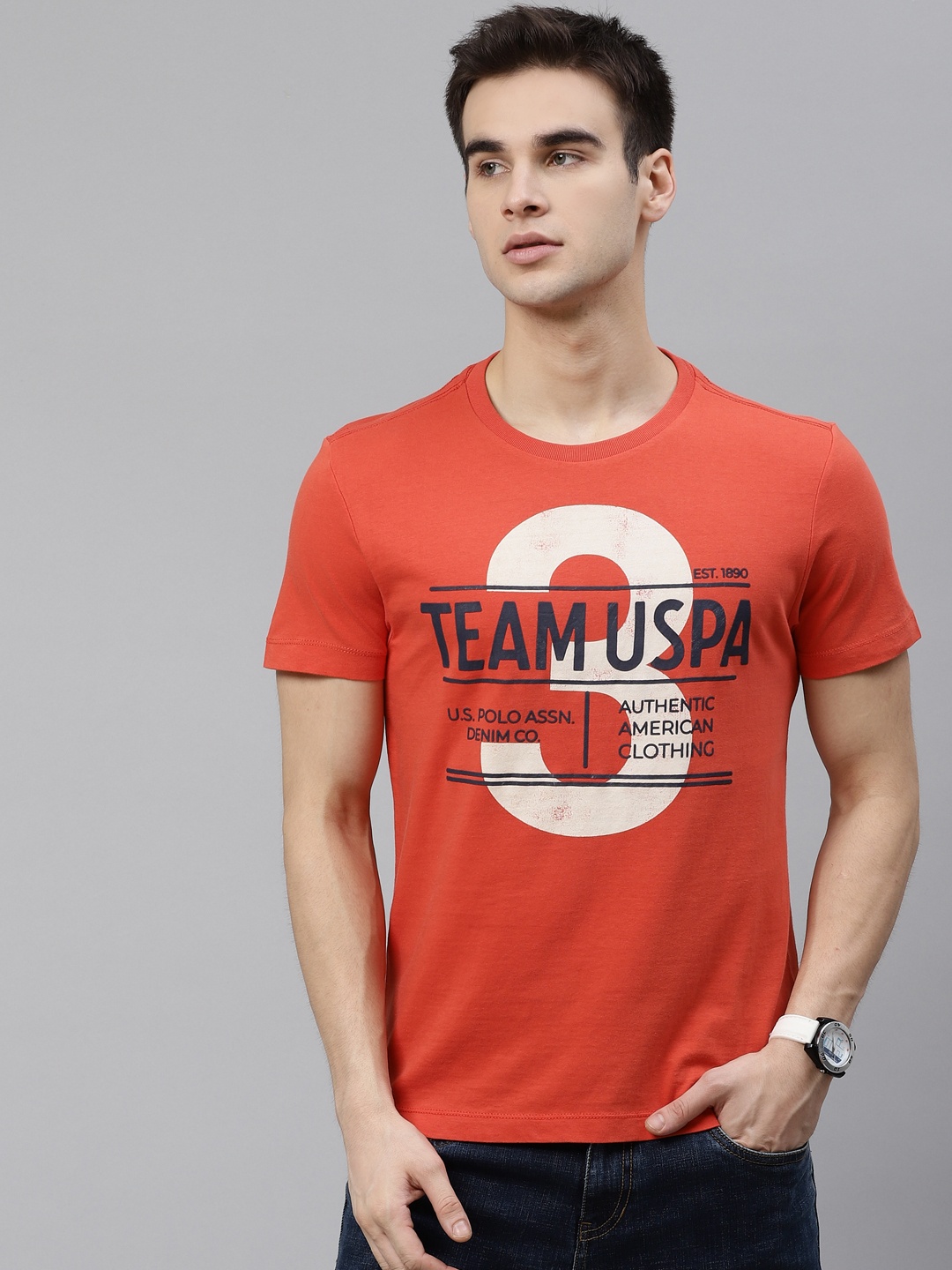 

U.S. Polo Assn. Denim Co. Men Orange & White Pure Cotton Printed Round Neck T-shirt