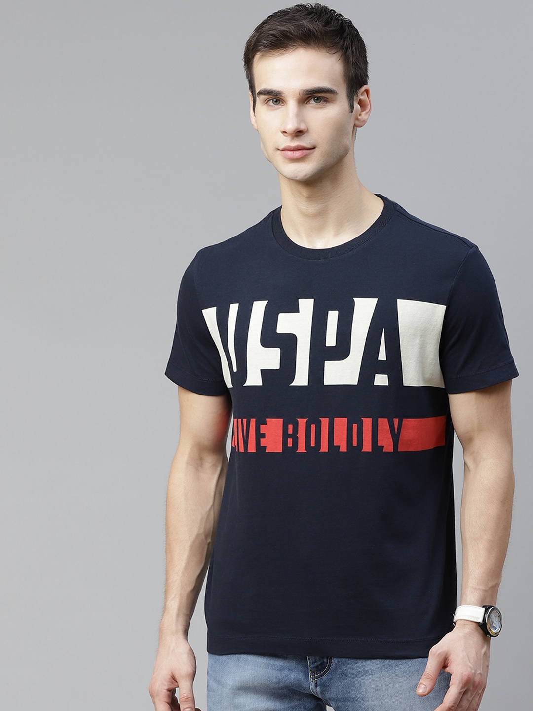 

U S Polo Assn Denim Co Men Navy Blue & White Pure Cotton Brand Logo Printed T-shirt