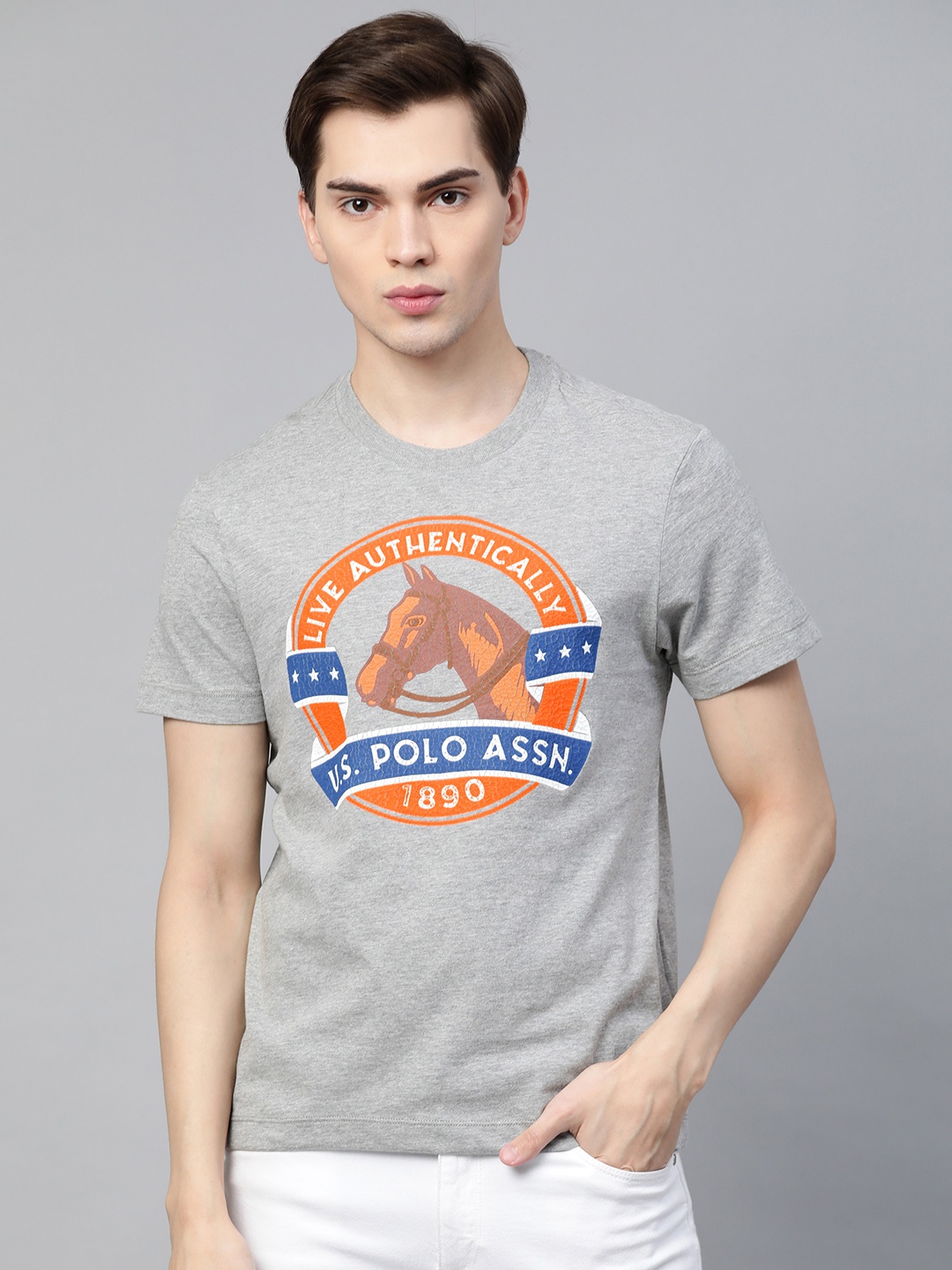 

U. S. Polo Assn. Denim Co. Men Grey & Orange Graphic Printed T-shirt
