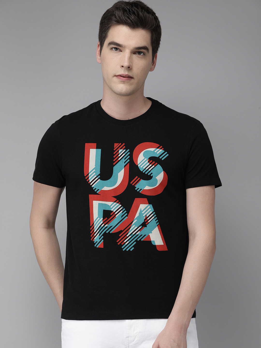 

U.S. Polo Assn. Denim Co. Men Black Red Printed Round Neck Pure Cotton T-shirt