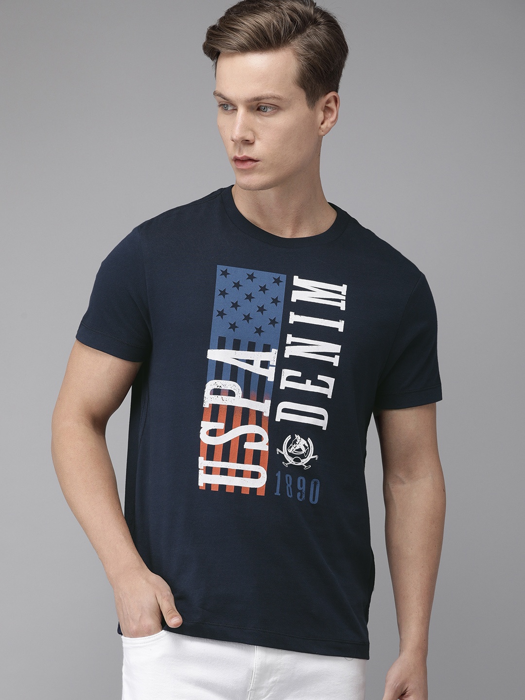 

U.S. Polo Assn. Denim Co. Men Navy Blue Printed Round Neck Pure Cotton T-shirt