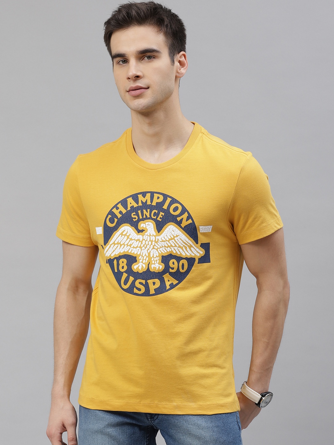 

U.S. Polo Assn. Denim Co. Men Yellow Navy Blue Printed Round Neck Pure Cotton T-shirt