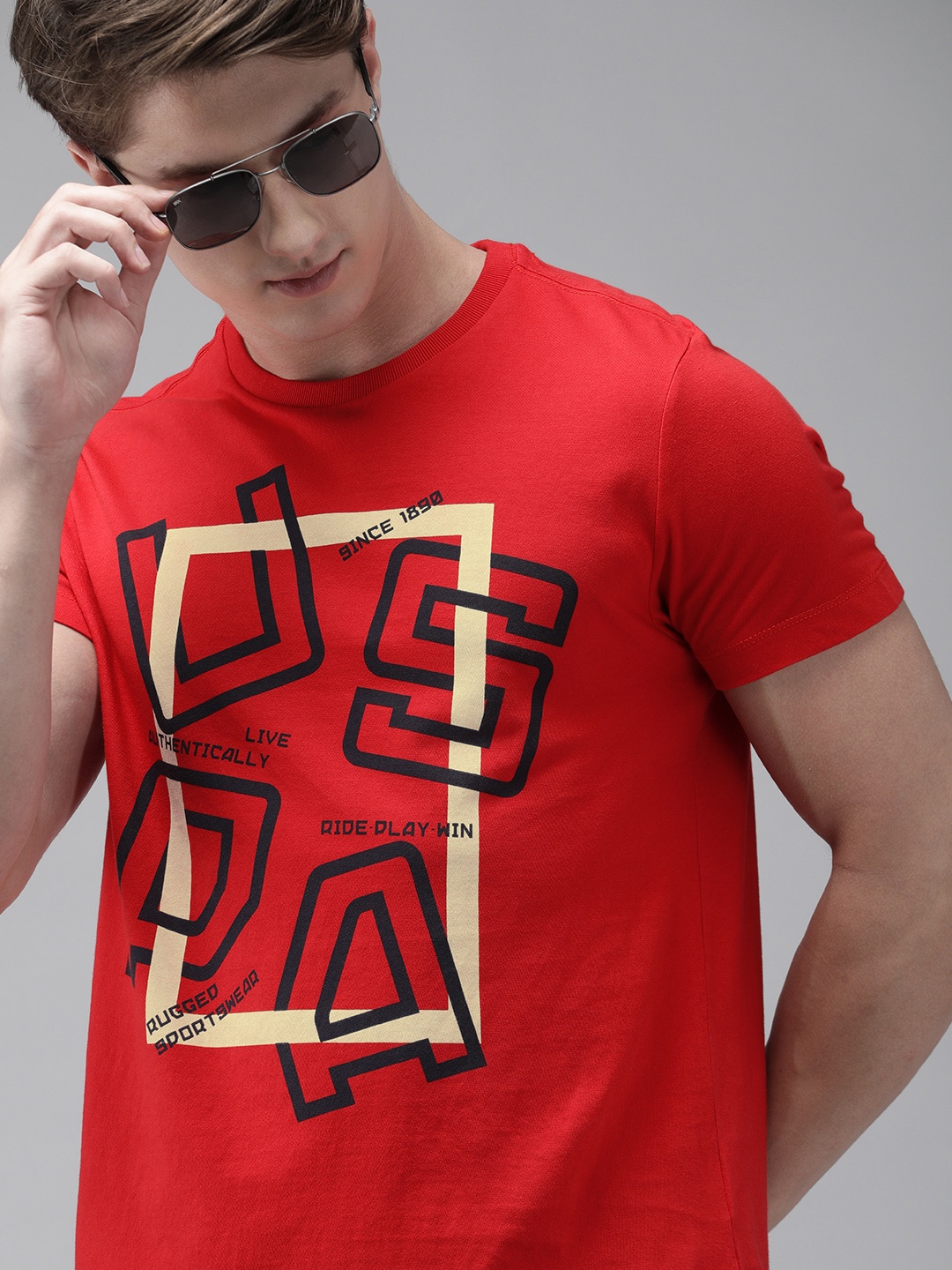 

U.S. Polo Assn. Denim Co. Men Red Printed Round Neck Pure Cotton T-shirt