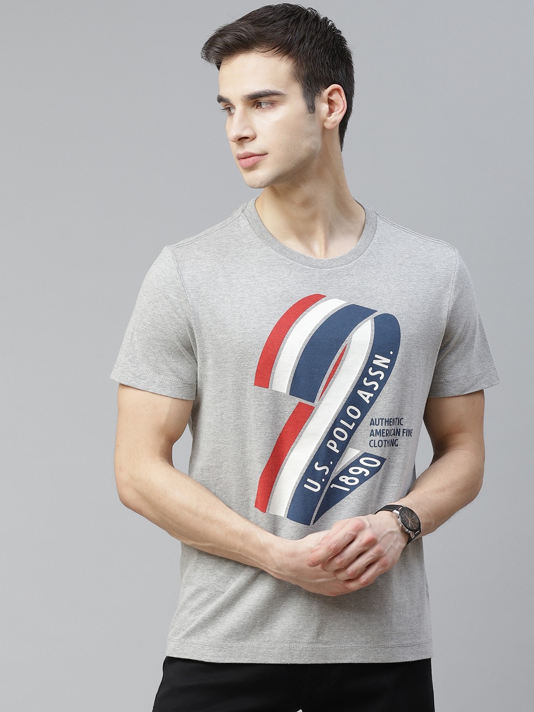 

U S Polo Assn Denim Co Men Grey Melange & Navy Blue Printed T-shirt