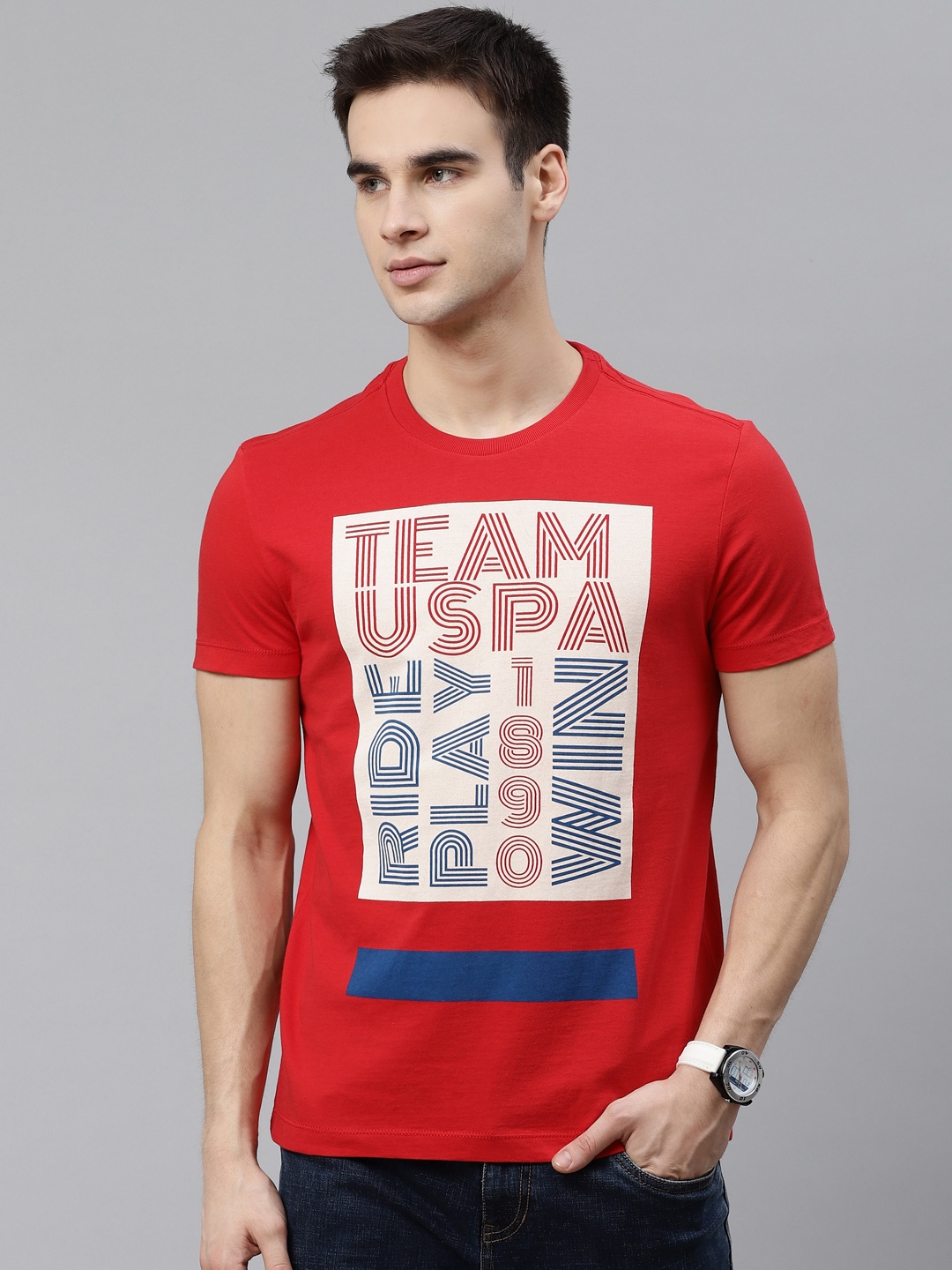 

U.S. Polo Assn. Denim Co. Men Red & Off-White Pure Cotton Printed Round Neck T-shirt