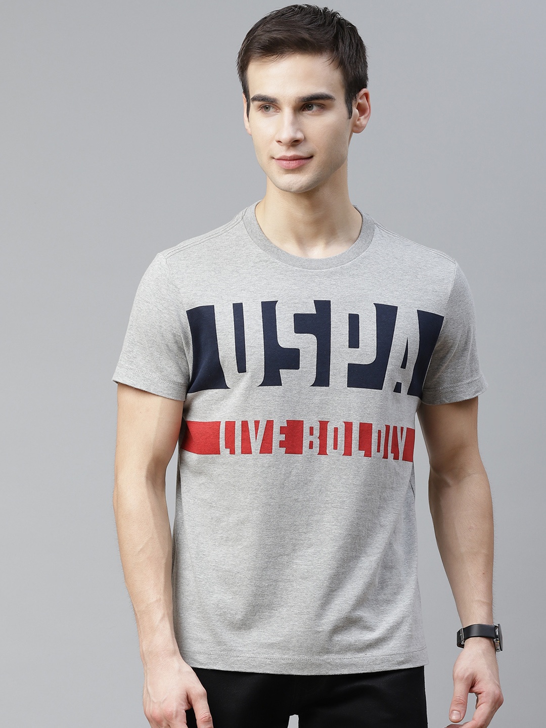 

U S Polo Assn Denim Co Men Grey Melange & Navy Blue Brand Logo Printed T-shirt