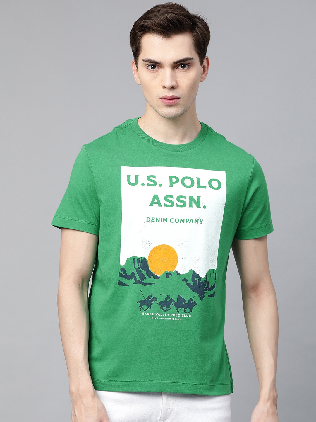 

U S Polo Assn Denim Co Men Green & White Pure Cotton Printed T-shirt
