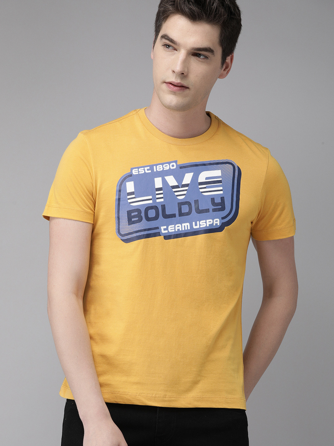 

U.S. Polo Assn. Denim Co. Men Yellow Blue Printed Round Neck Pure Cotton T-shirt