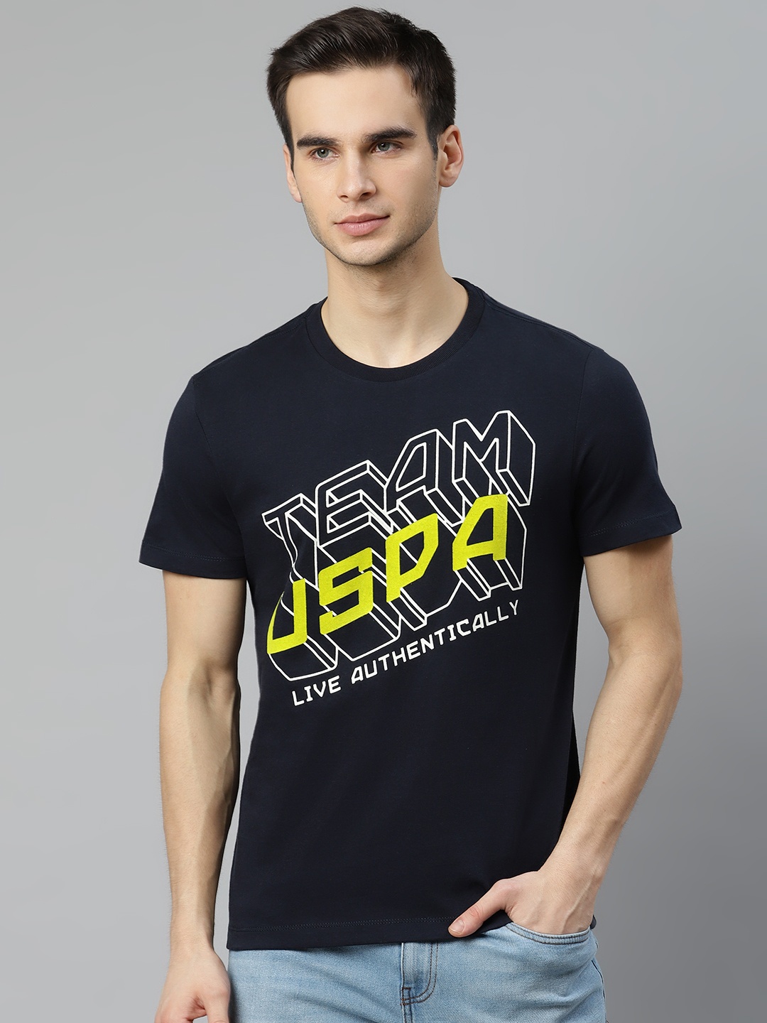 

U.S. Polo Assn. Denim Co. Men Navy Blue & Yellow Brand Logo Printed Pure Cotton T-shirt