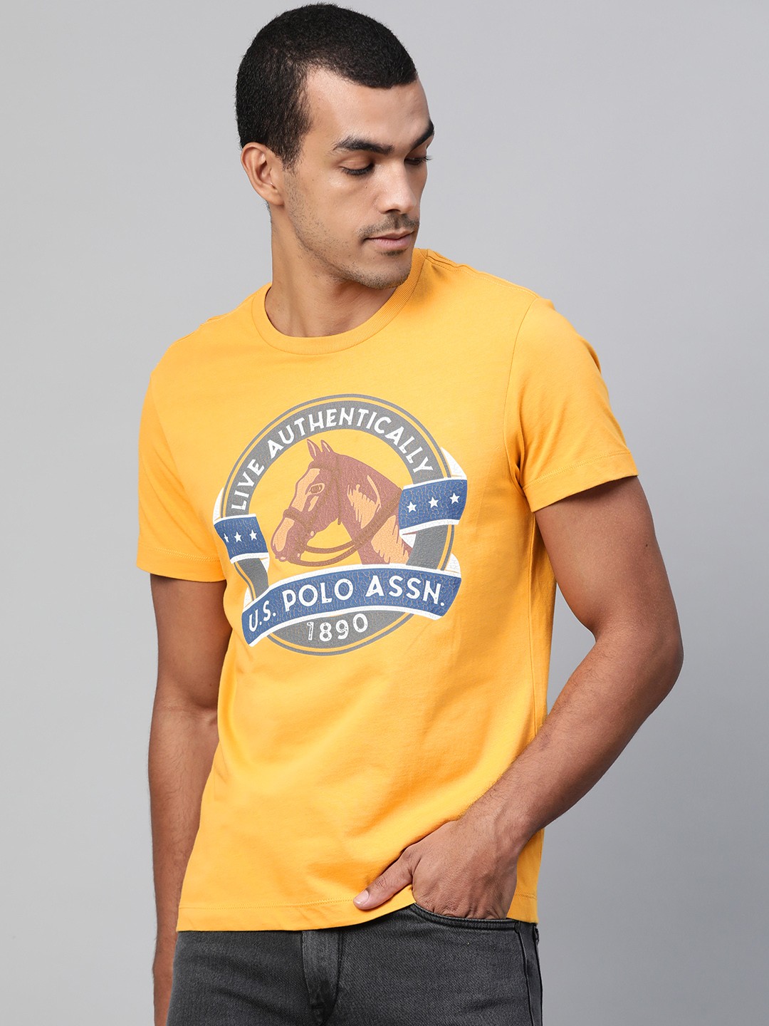 

U S Polo Assn Denim Co Men Mustard Yellow Cotton Typography Print T-shirt