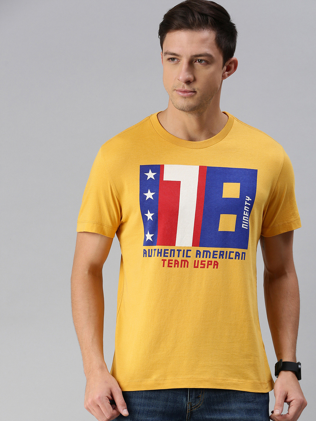 

U S Polo Assn Denim Co Men Mustard Yellow Typography Printed Pure Cotton T-shirt