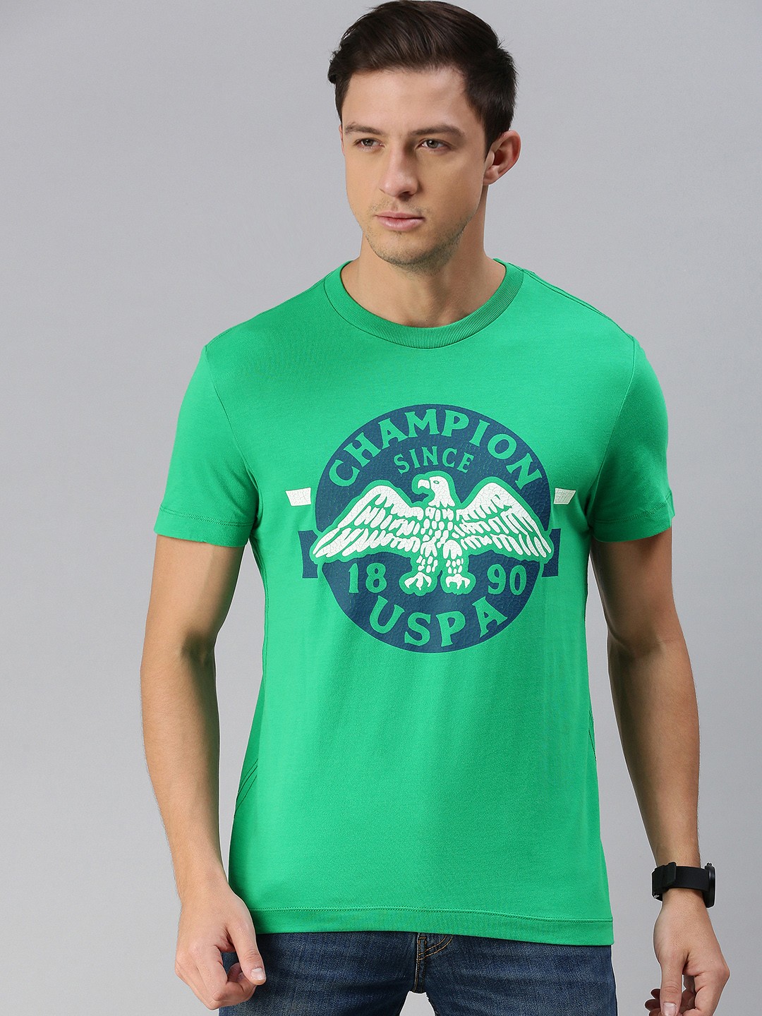 

U S Polo Assn Denim Co Men Green Brand Logo Printed Pure Cotton T-shirt