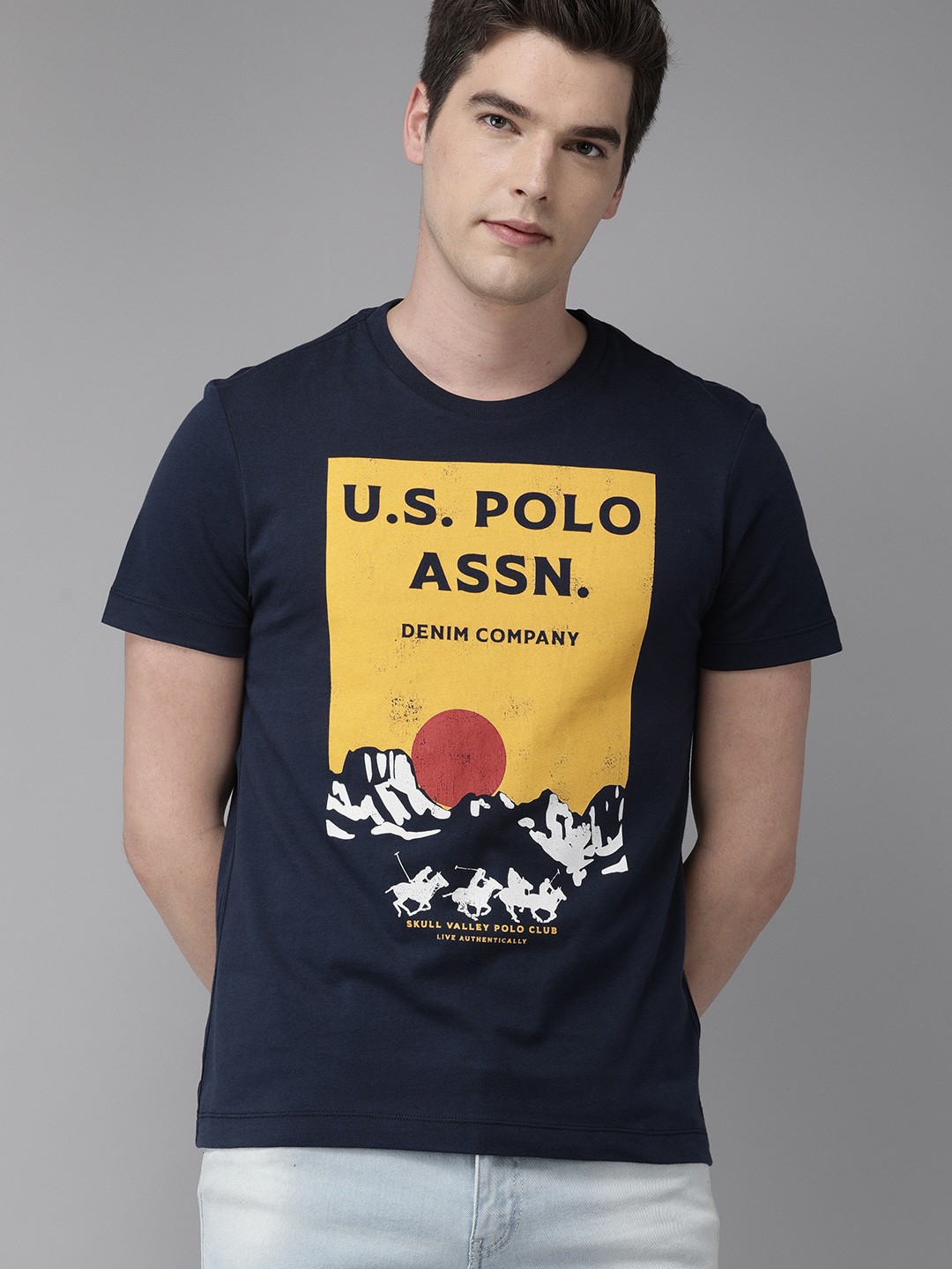 

U.S. Polo Assn. Denim Co. Men Navy Blue Yellow Printed Round Neck Pure Cotton T-shirt