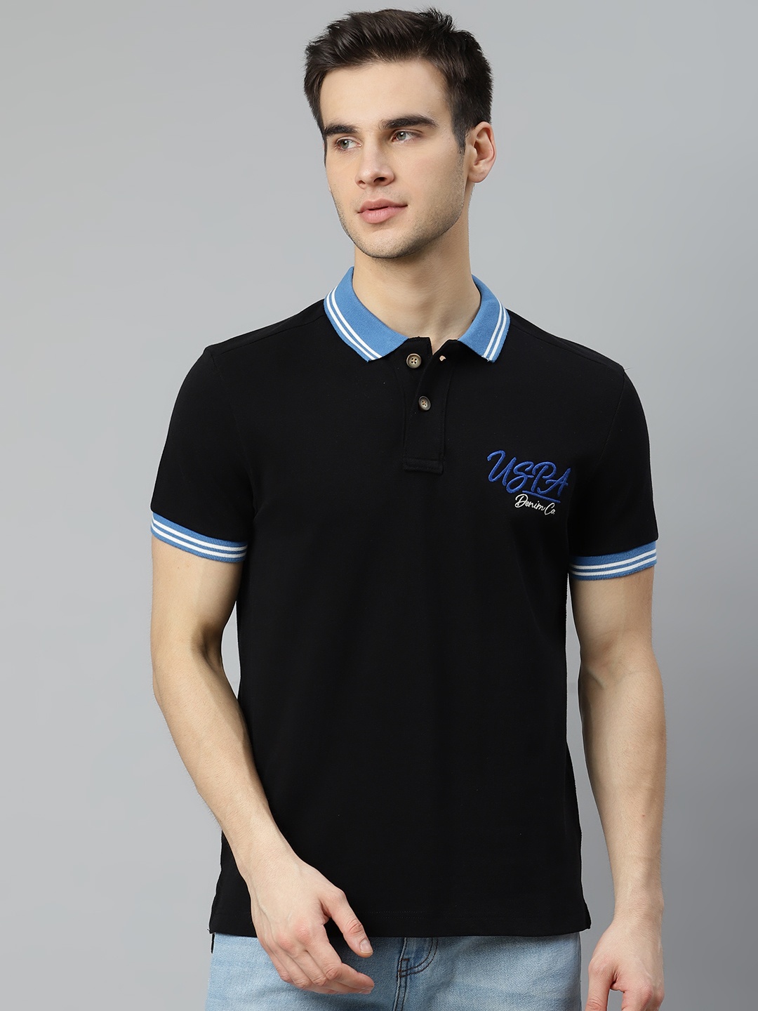 

U.S. Polo Assn. Denim Co. Men Black Solid Pure Cotton Polo Collar T-shirt