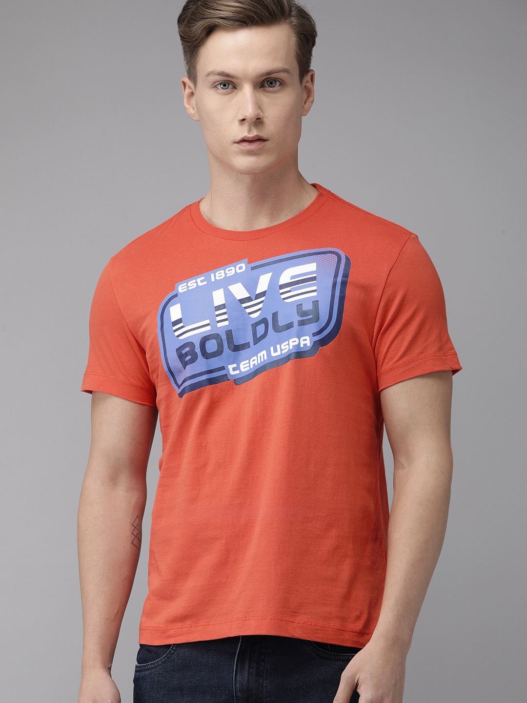 

U.S. Polo Assn. Denim Co. Men Orange Printed Round Neck Pure Cotton T-shirt