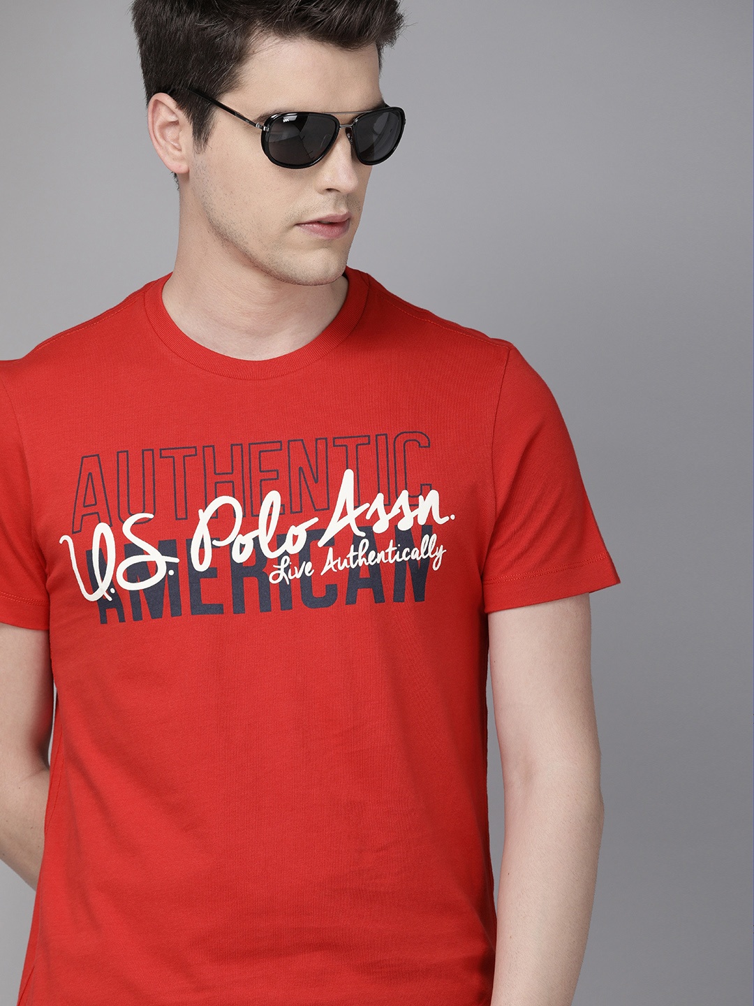 

U.S. Polo Assn. Denim Co. Men Red Printed Round Neck Pure Cotton T-shirt