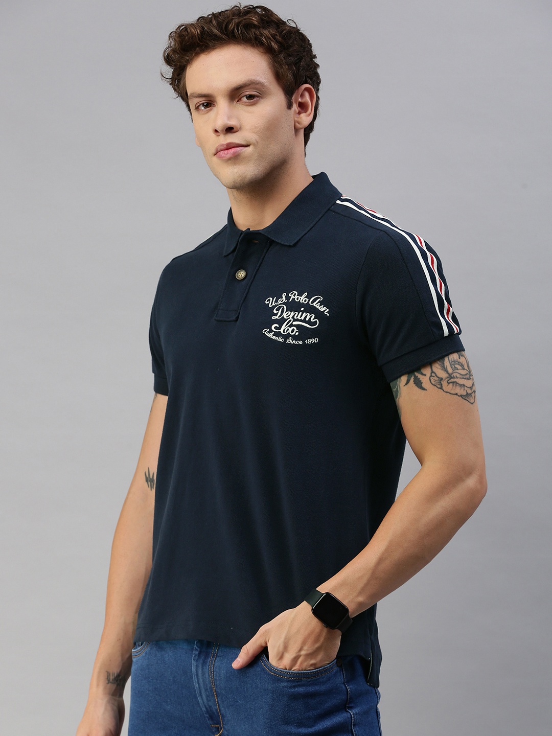 

U.S. Polo Assn. Denim Co. Men Navy Blue Solid Polo Collar T-shirt With Embroidery