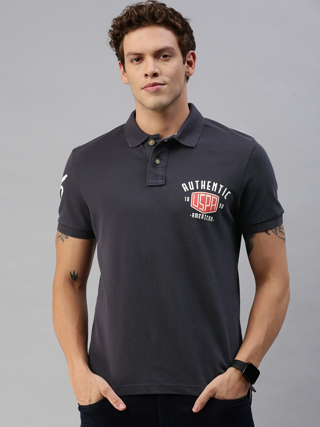 

U.S. Polo Assn. Denim Co. Men Charcoal Grey Solid Polo Collar T-shirt With Printed Detail