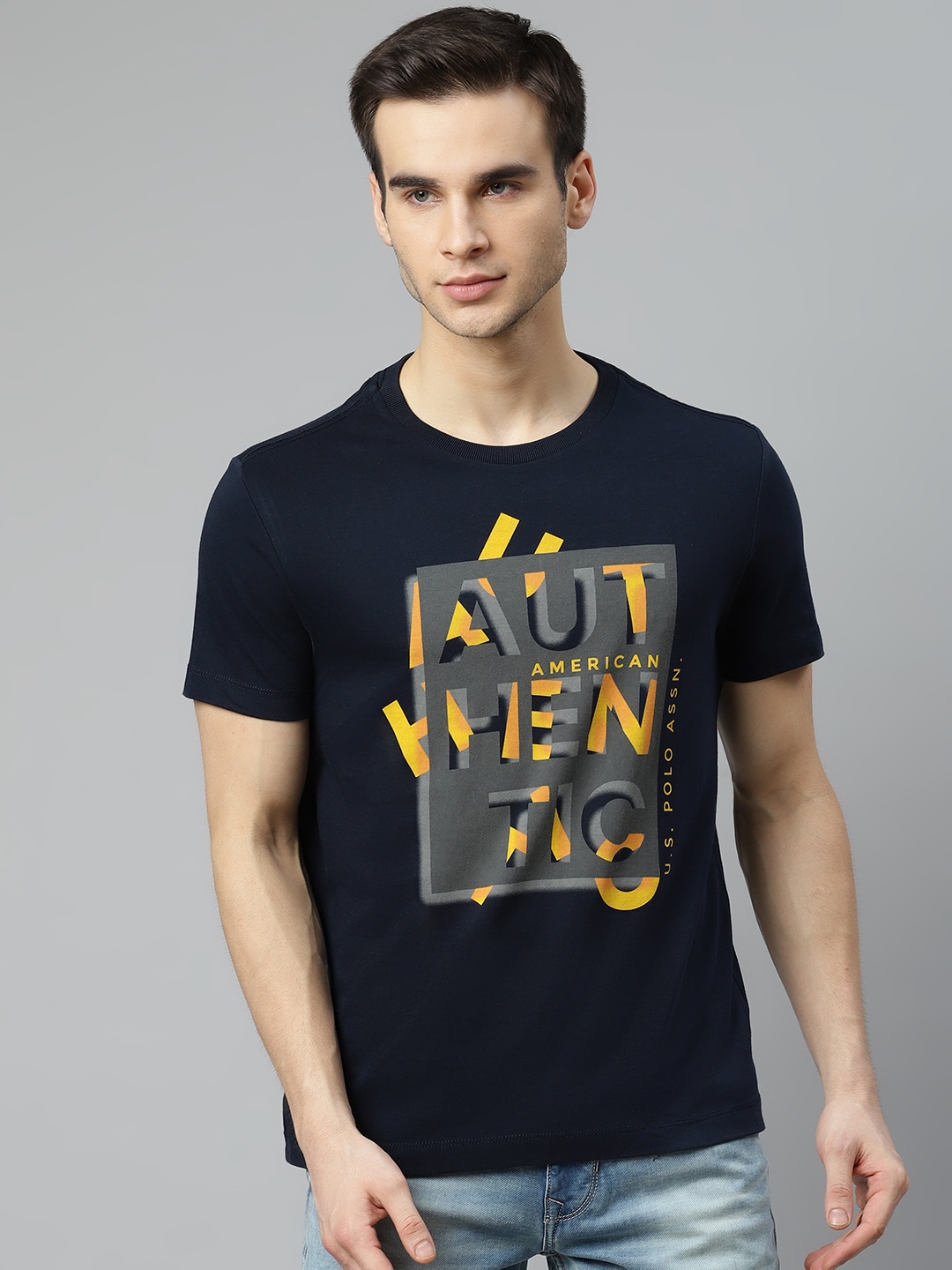 

U.S. Polo Assn. Denim Co. Men Navy Blue & Mustard Yellow Pure Cotton Printed T-shirt