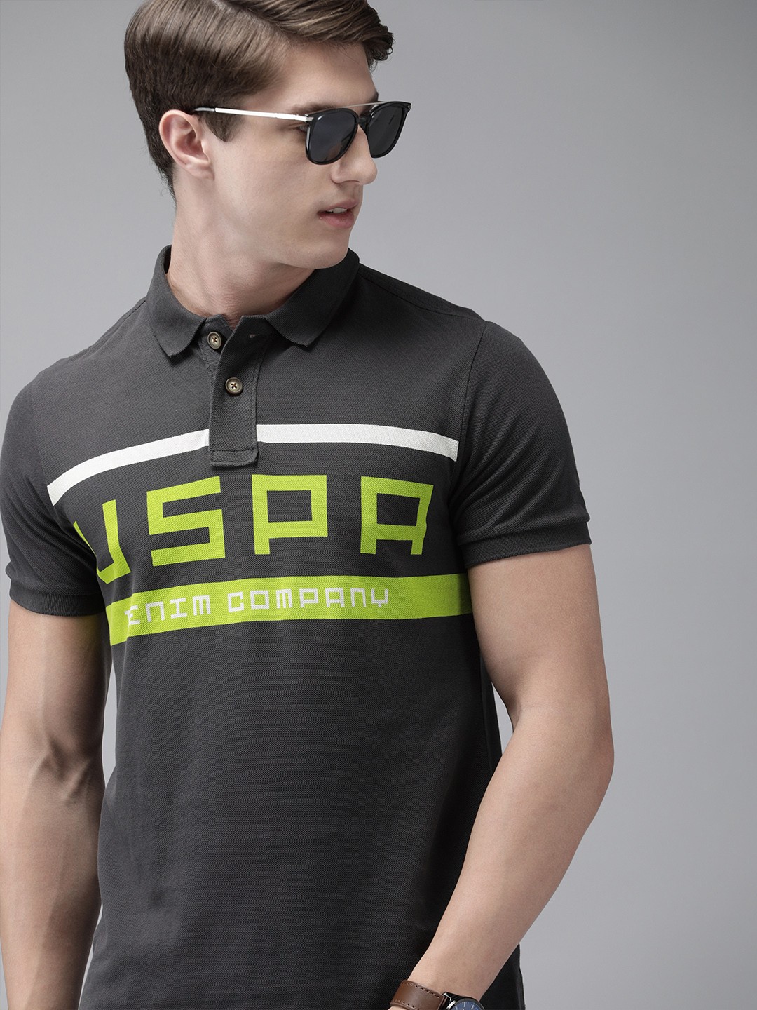 

U.S. Polo Assn. Denim Co. Men Grey Printed Polo Collar Pure Cotton T-shirt