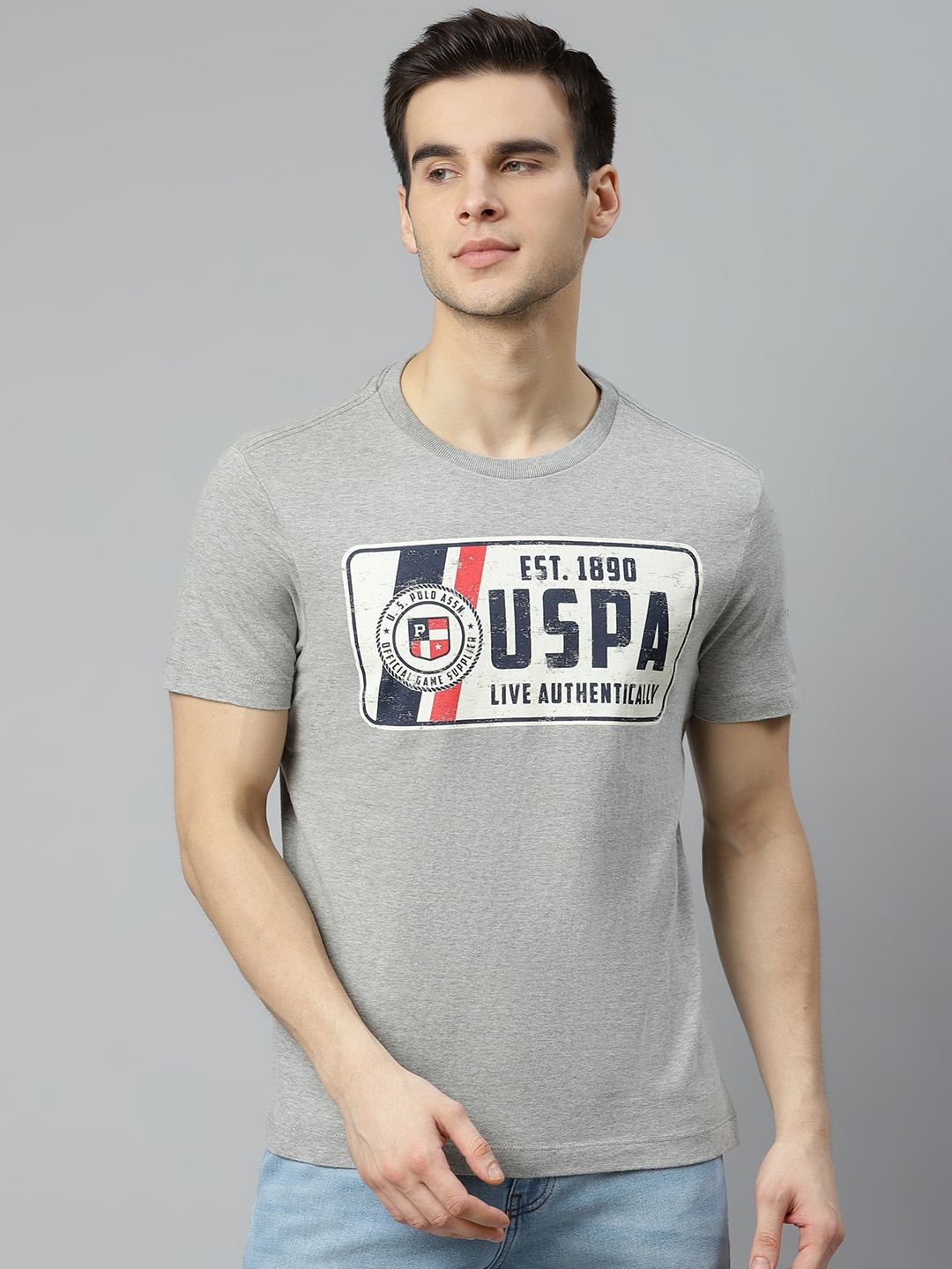 

U.S. Polo Assn. Denim Co. Men Grey Melange & Navy Blue Cotton Brand Logo Print T-shirt