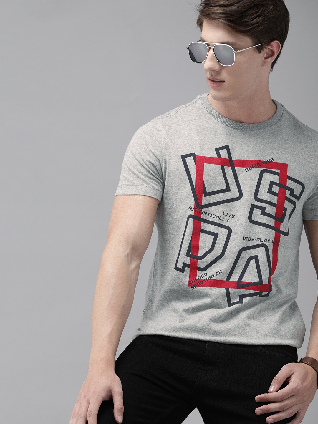 

U.S. Polo Assn. Denim Co. Men Grey Melange Printed Round Neck T-shirt