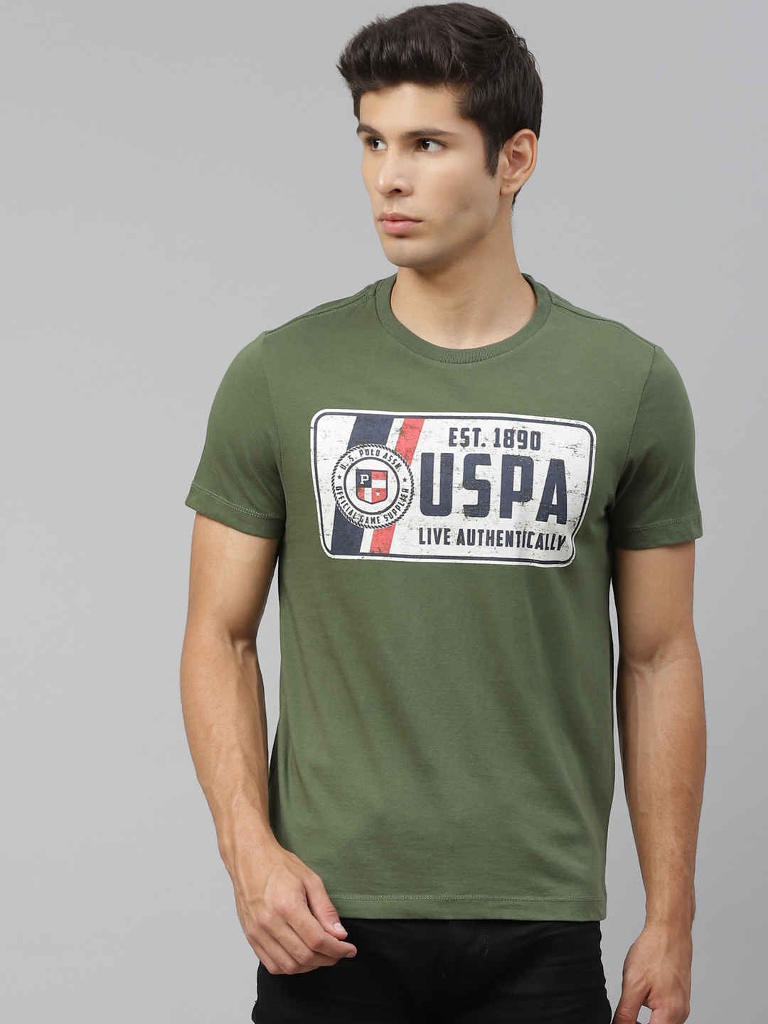 

U S Polo Assn Denim Co Men Olive Green & White Brand Logo Printed Pure Cotton T-shirt