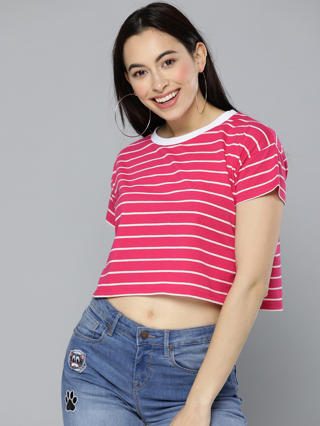

HERE&NOW Women Pink & White Striped Round Neck T-shirt