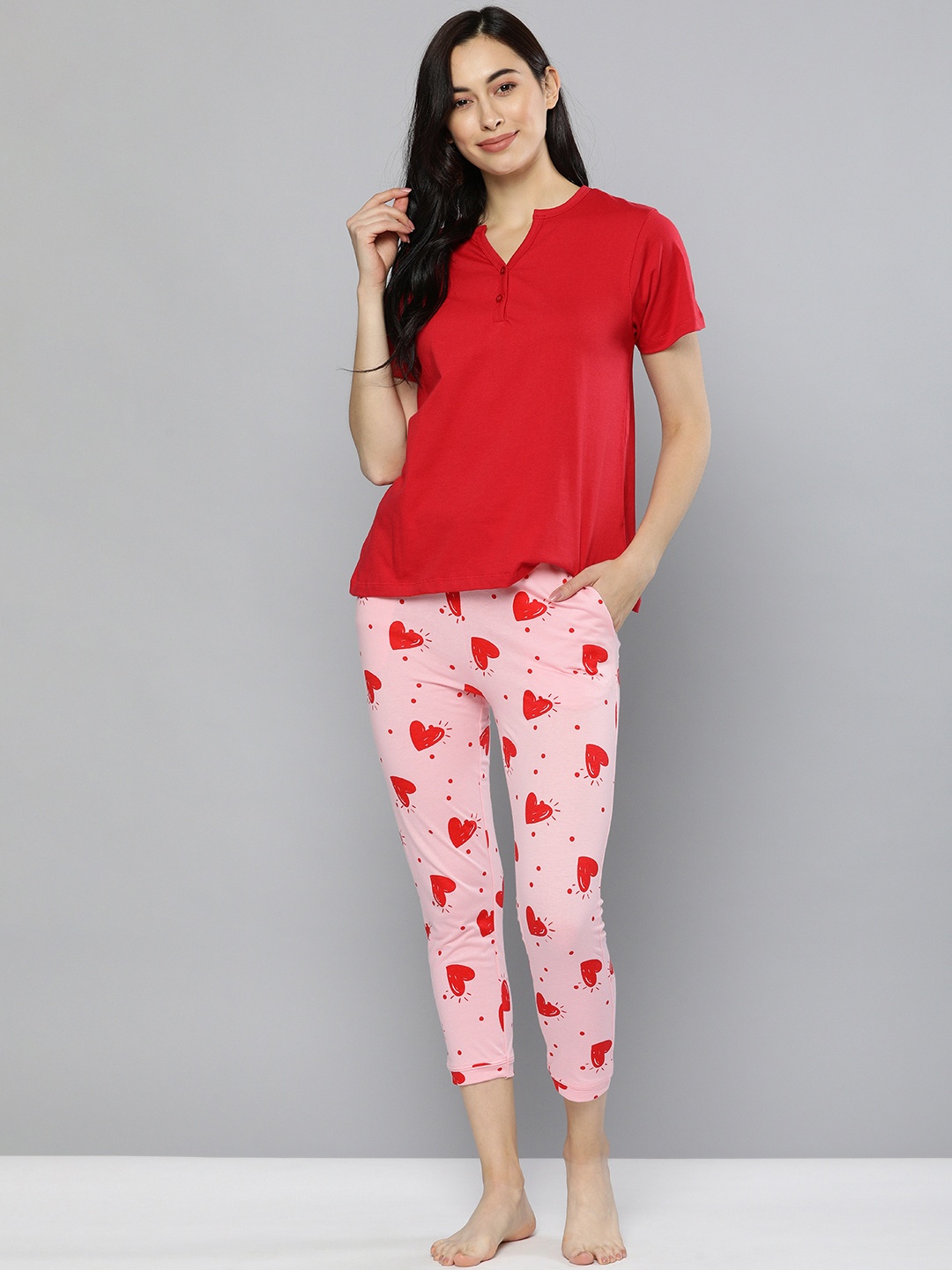 

HERE&NOW Women Red & Pink Pure Cotton Night Suit