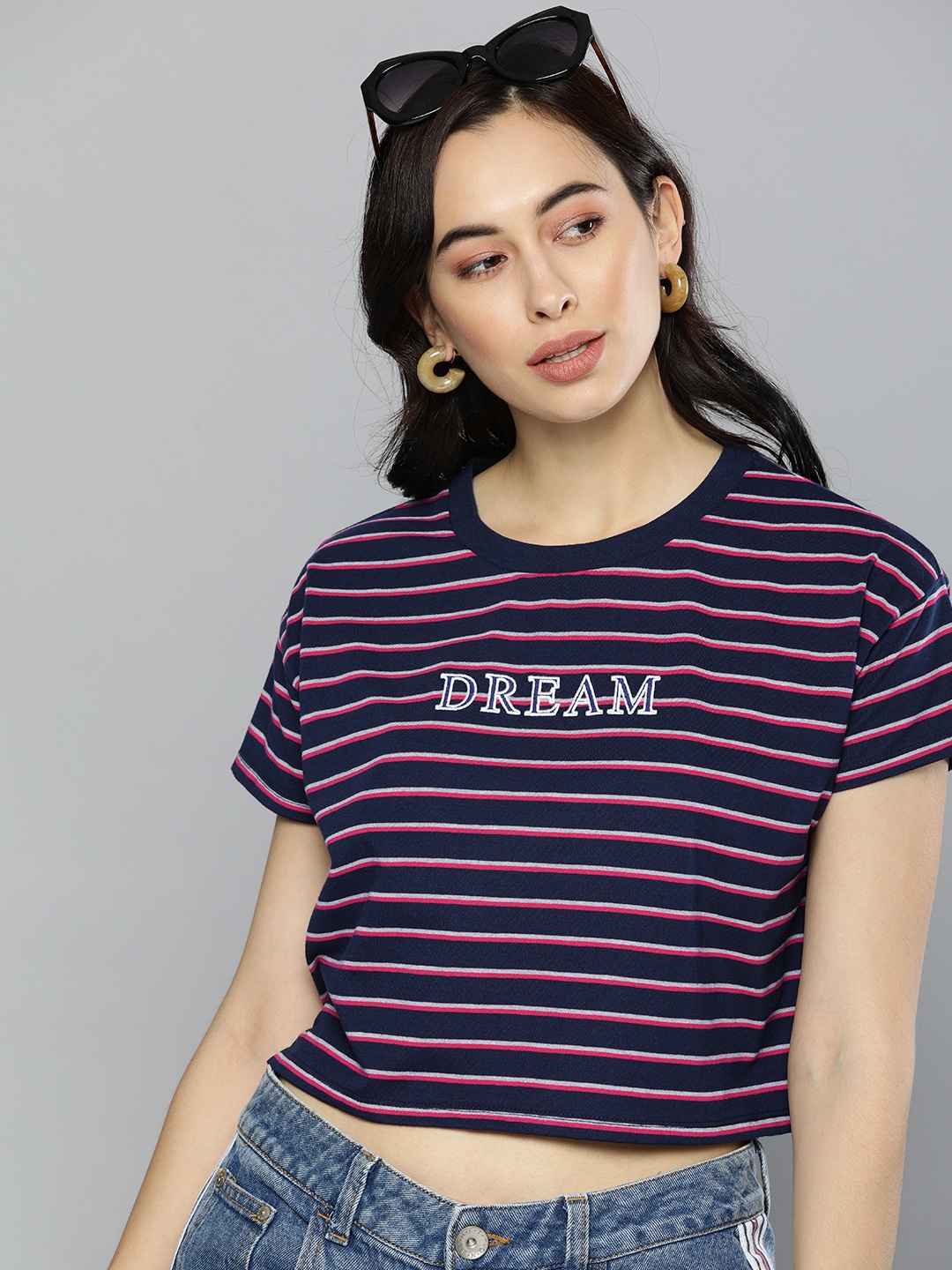 

HERE&NOW Women Navy Blue & Grey Striped Round Neck Cropped T-shirt