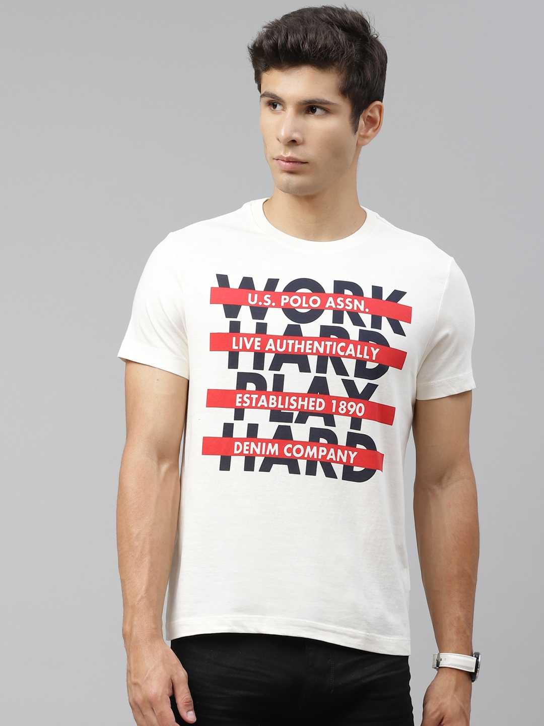 

U S Polo Assn Denim Co Men White & Red Brand Logo Printed Pure Cotton T-shirt