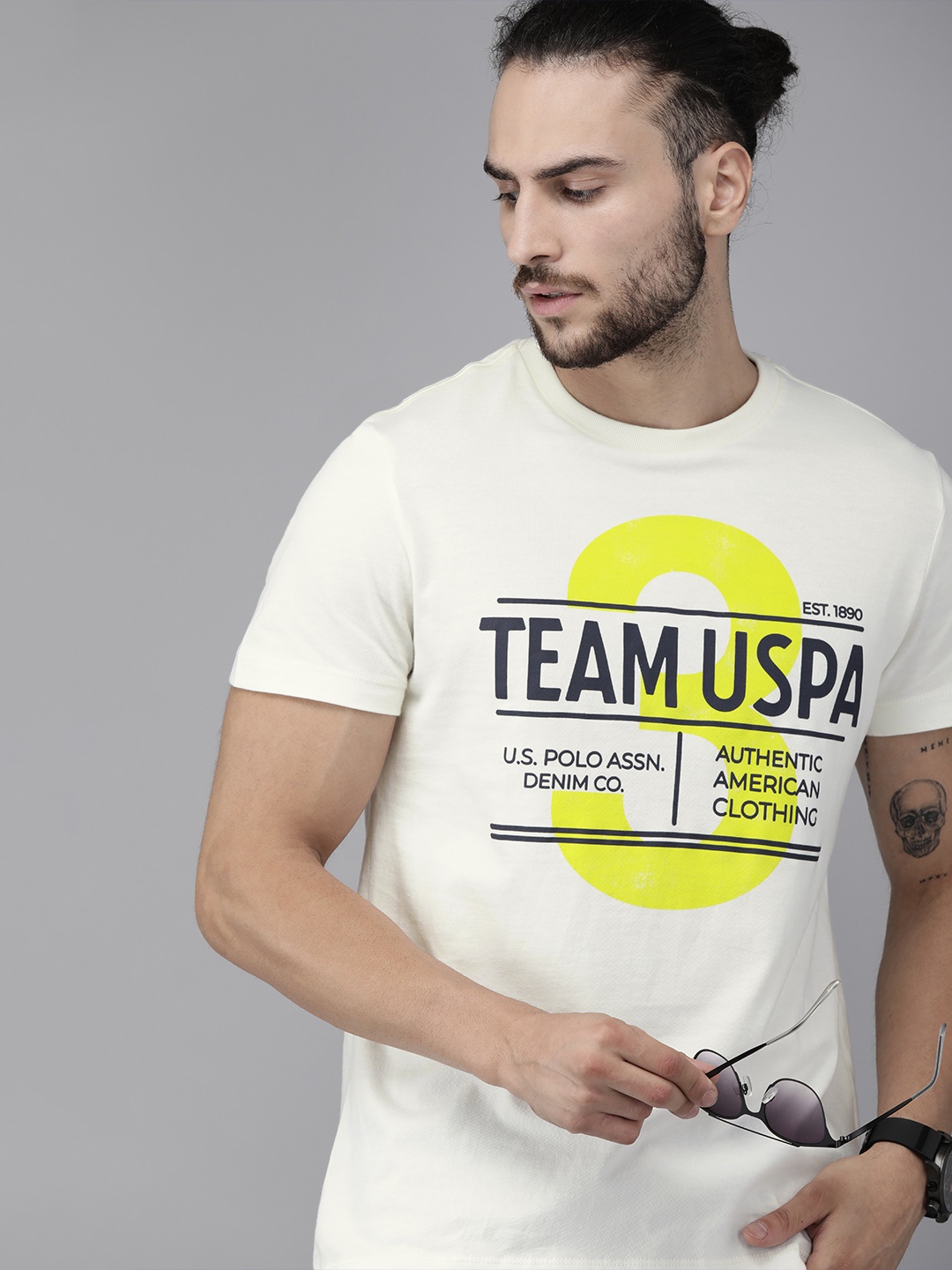 

U.S. Polo Assn. Denim Co. Men White Printed Round Neck Pure Cotton T-shirt