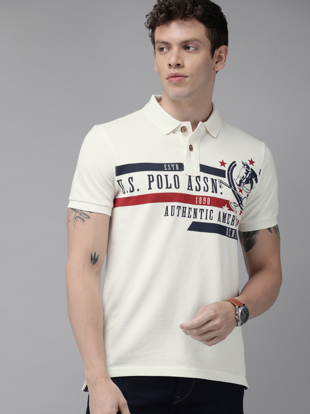 

U.S. Polo Assn. Denim Co. Men White Printed Polo Collar Pure Cotton T-shirt