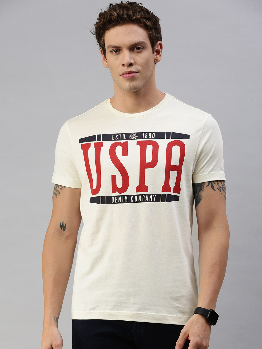 

U.S. Polo Assn. Denim Co. Men Off-White Printed Round Neck T-shirt