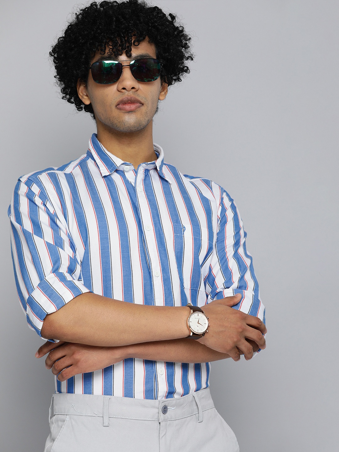 

Indian Terrain Men Blue Slim Fit Striped Smart Casual Shirt