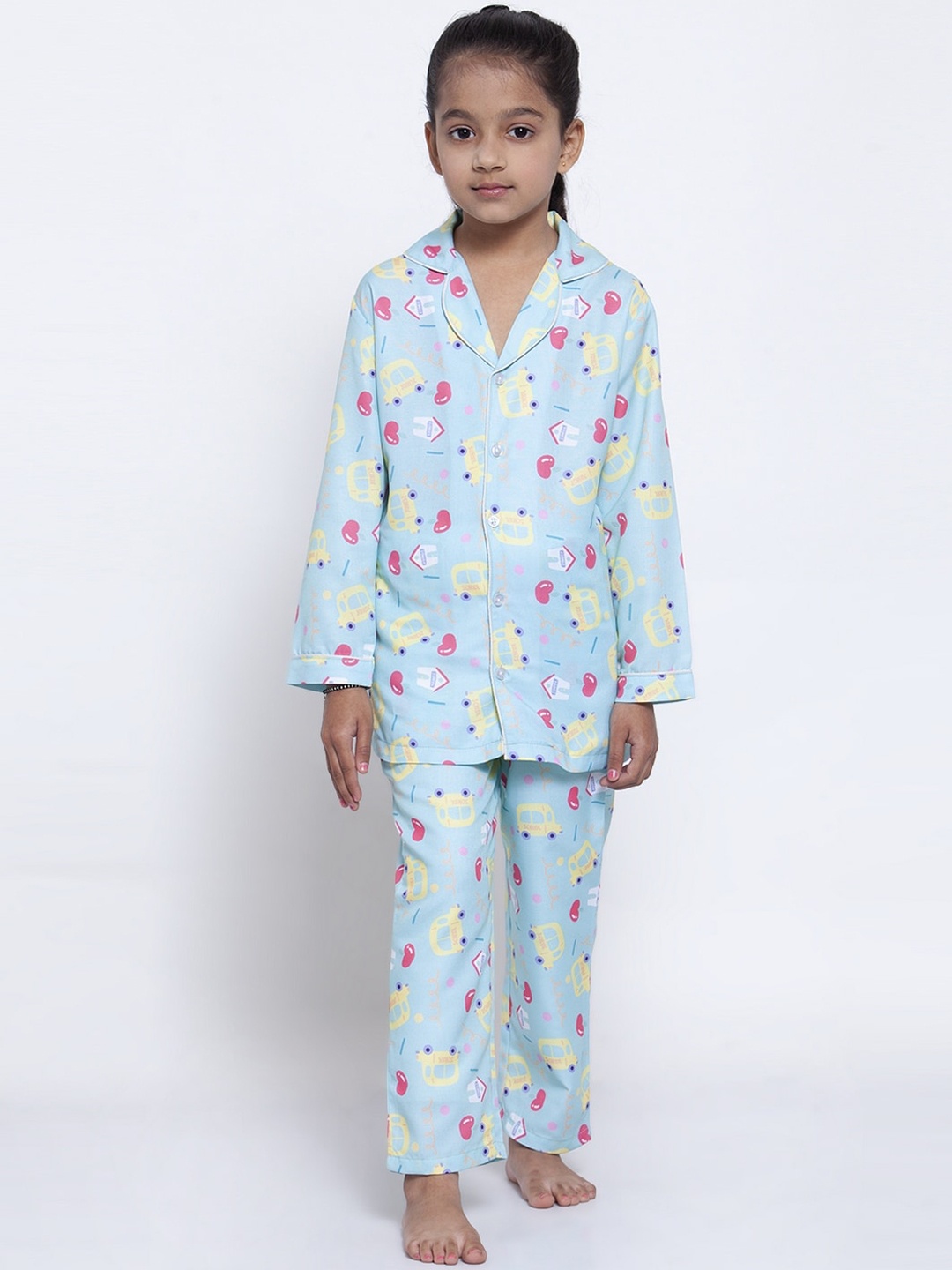 

MAXENCE Girls Blue & Yellow Printed Night Suit