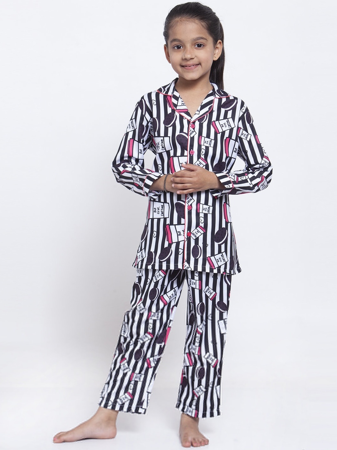 

MAXENCE Girls Black & White Printed Night Suit