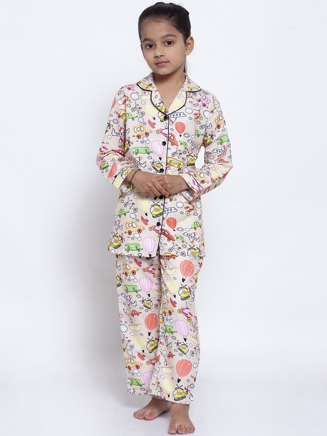 

MAXENCE Girls Cream-Coloured & Red Printed Night Suit