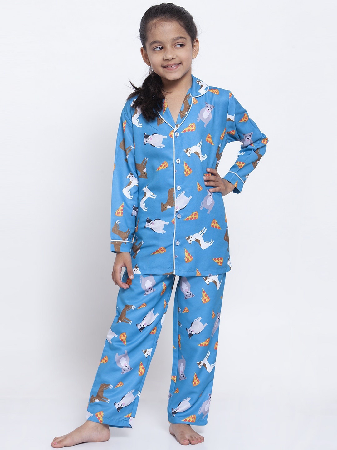 

MAXENCE Girls Blue & White Printed Night Suit