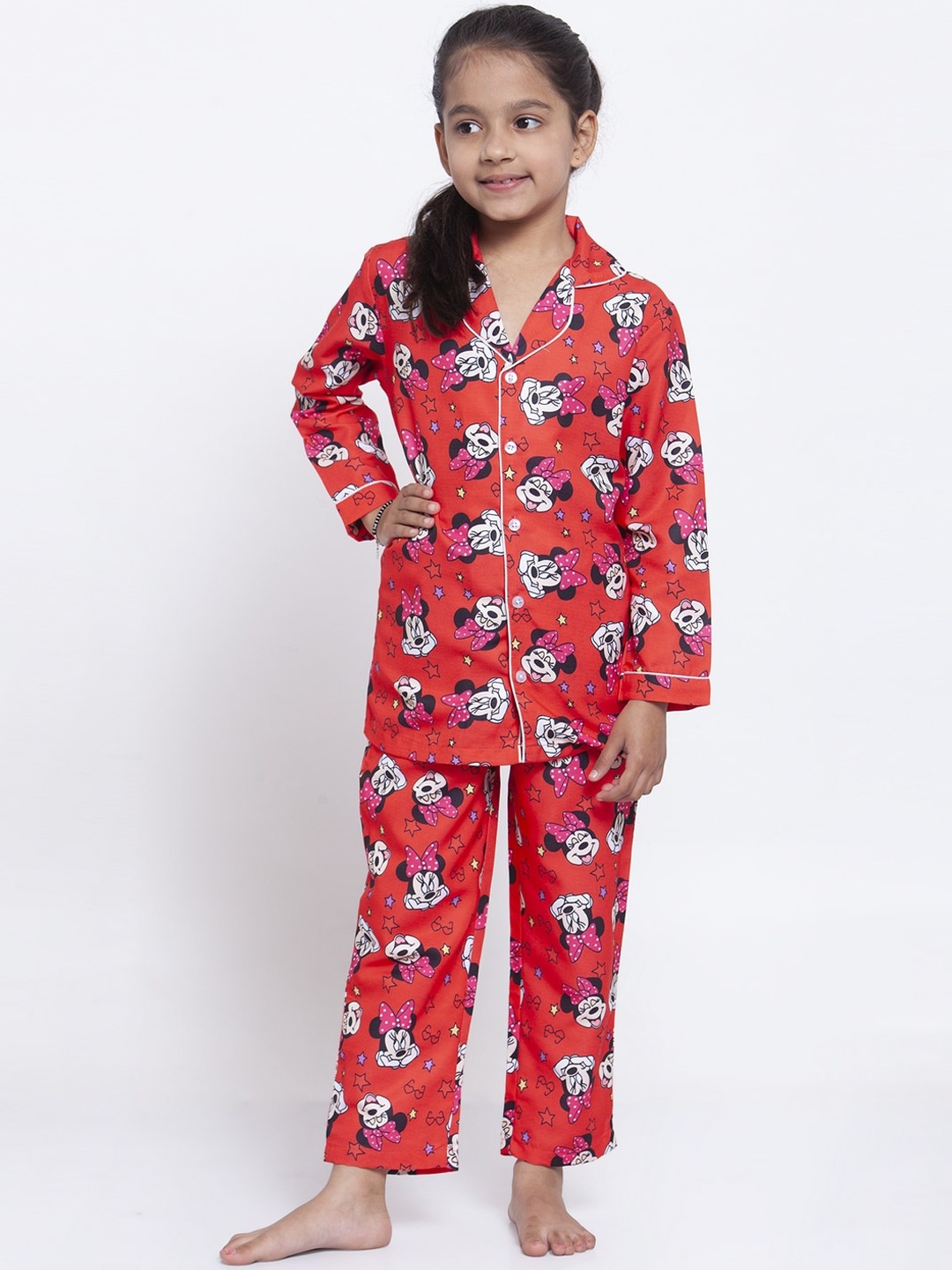 

MAXENCE Girls Red & Off-White Minnie Mouse Printed Night Suit