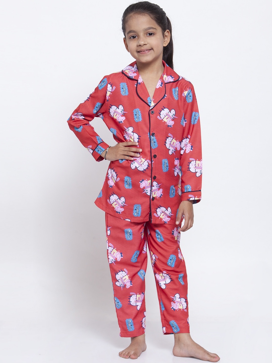 

MAXENCE Girls Red & Blue Peppa Pig Printed Night Suit