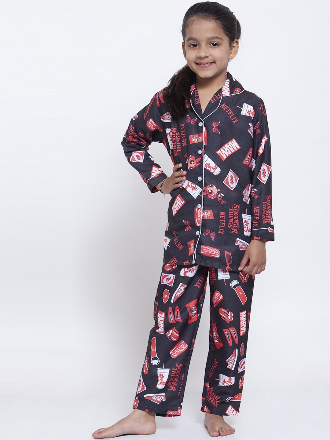 

MAXENCE Girls Black & Brown Printed Night Suit
