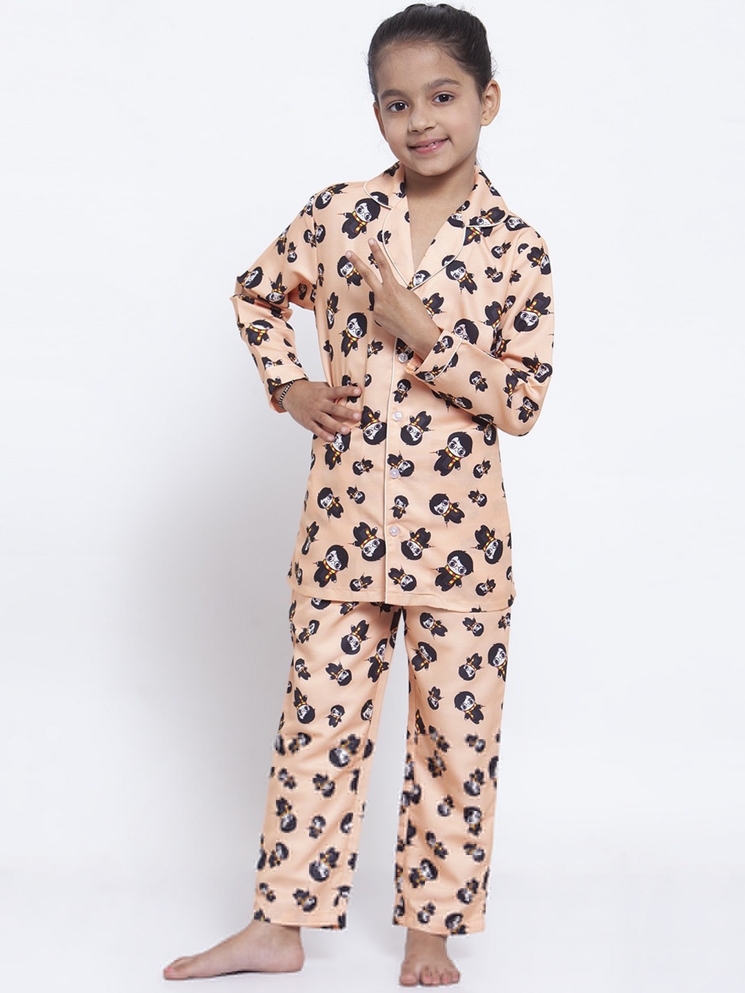 

MAXENCE Girls Peach-Coloured & Black Printed Night Suit