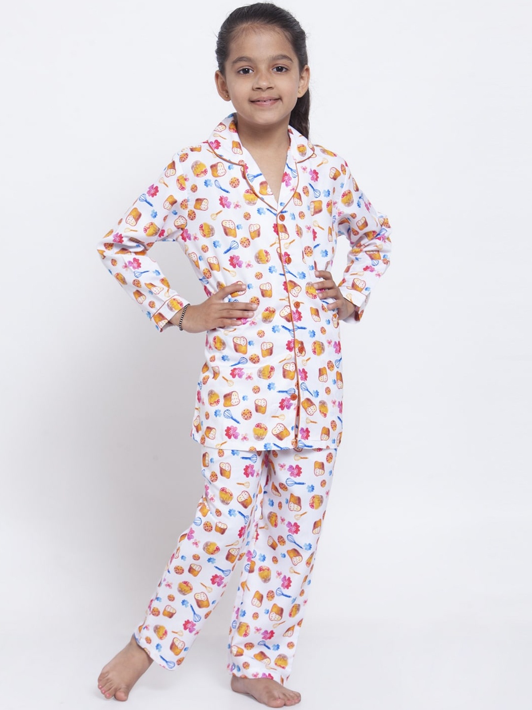 

MAXENCE Girls White & Yellow Printed Night Suit
