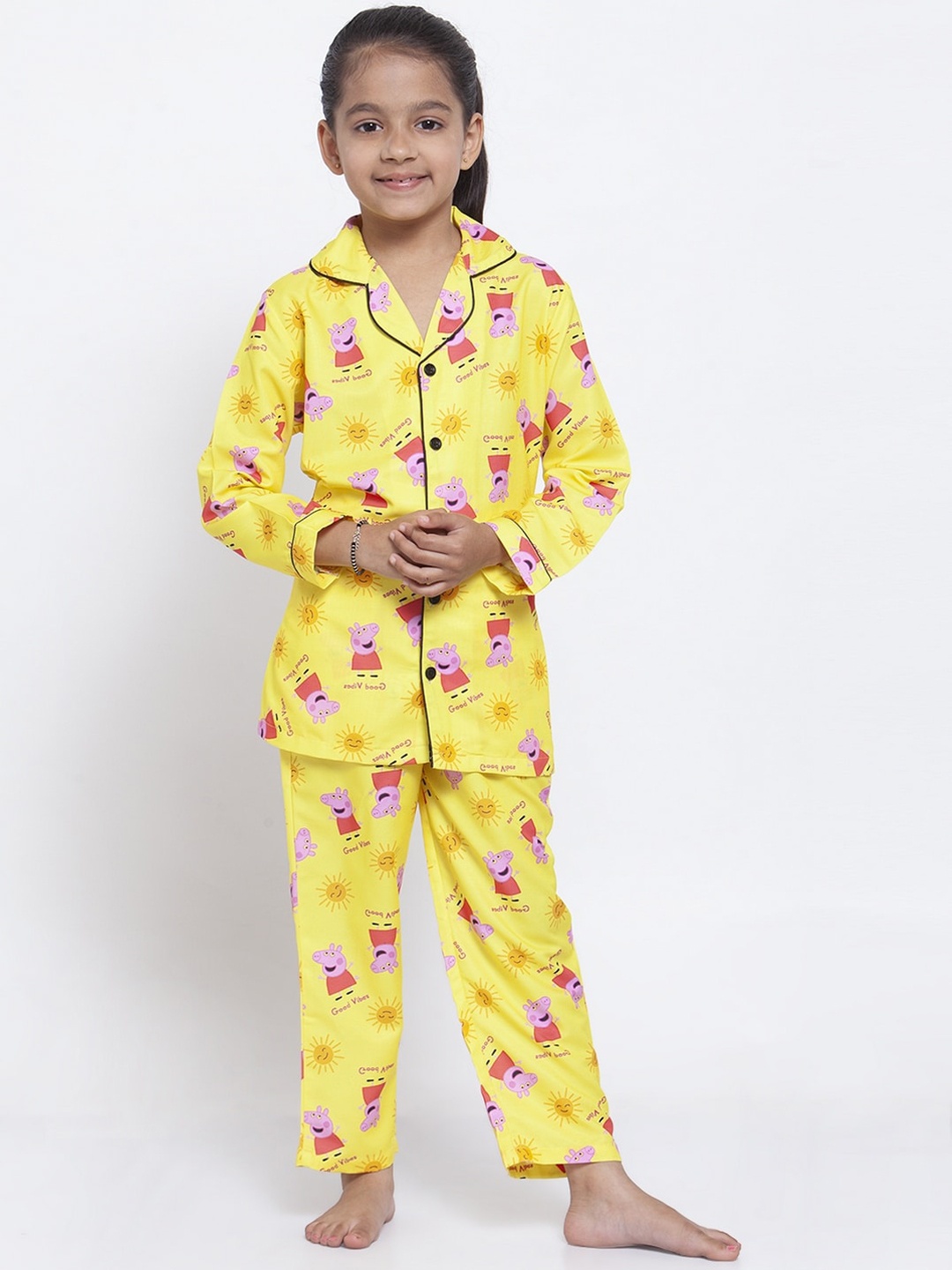 

MAXENCE Girls Yellow & Pink Peppa Pig Printed Night Suit