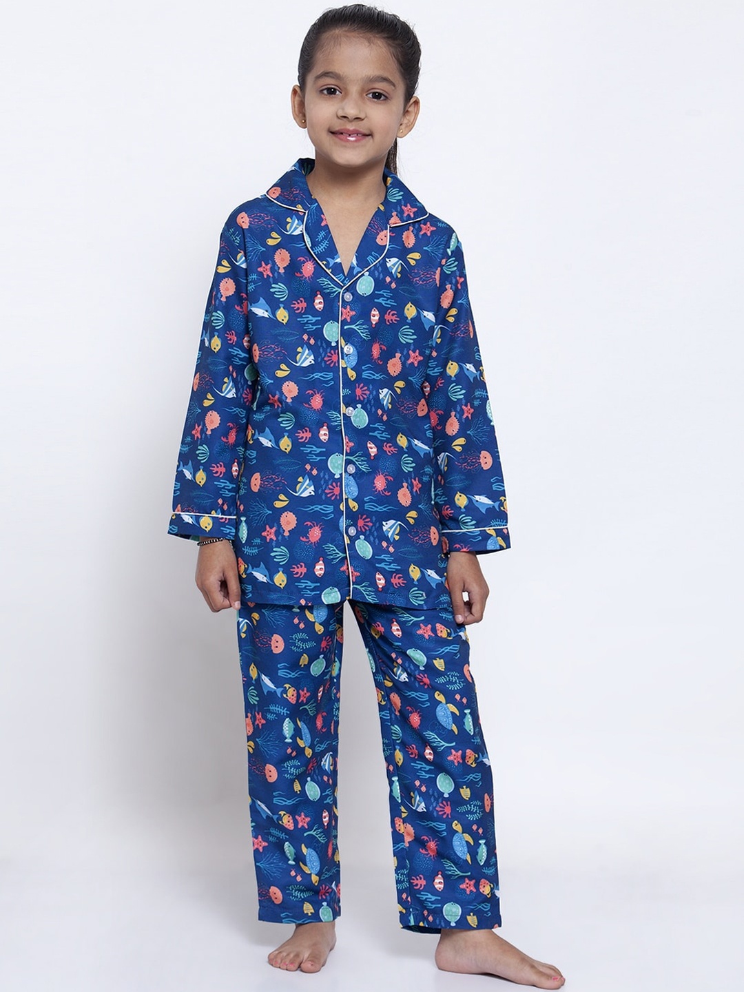 

MAXENCE Girls Blue & Coral Red Printed Night Suit