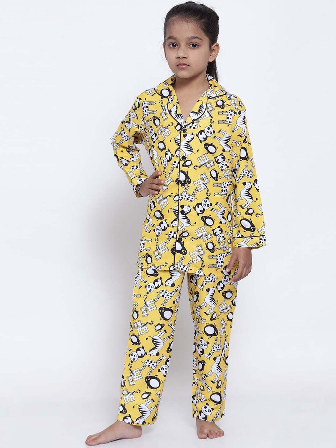 

MAXENCE Girls Yellow & Black Printed Night Suit